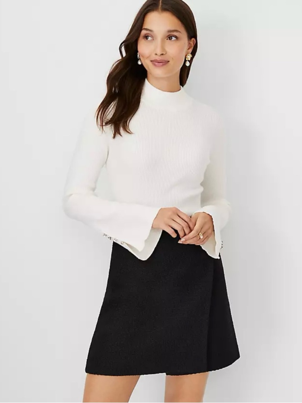 Ann Taylor White Ribbed Mock Neck Sweater with Fluted Cuffs